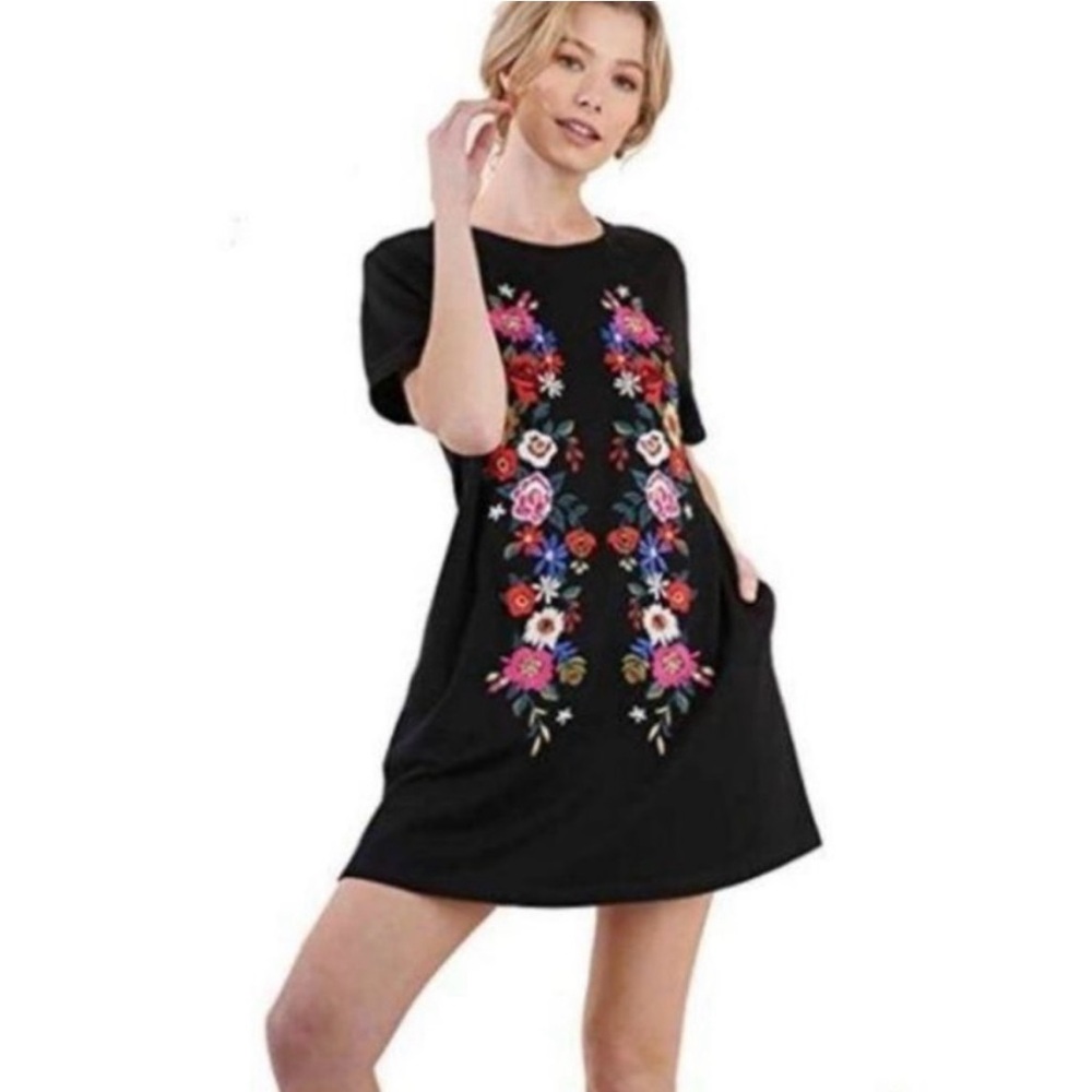 Umgee Floral Embroidered Navy Blue Dress